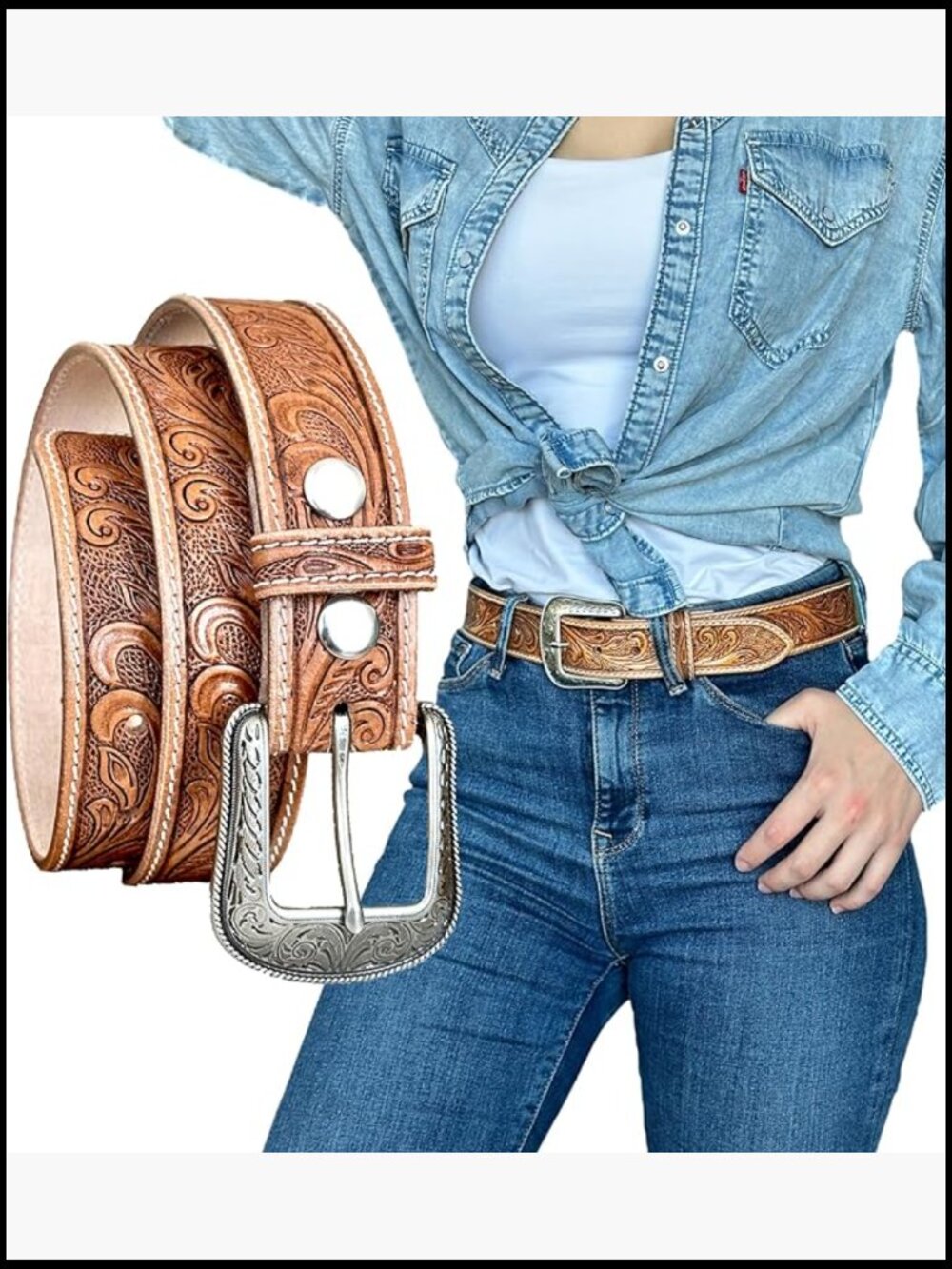 Full Grain Leather Western Belt with Interchangeable Buckle